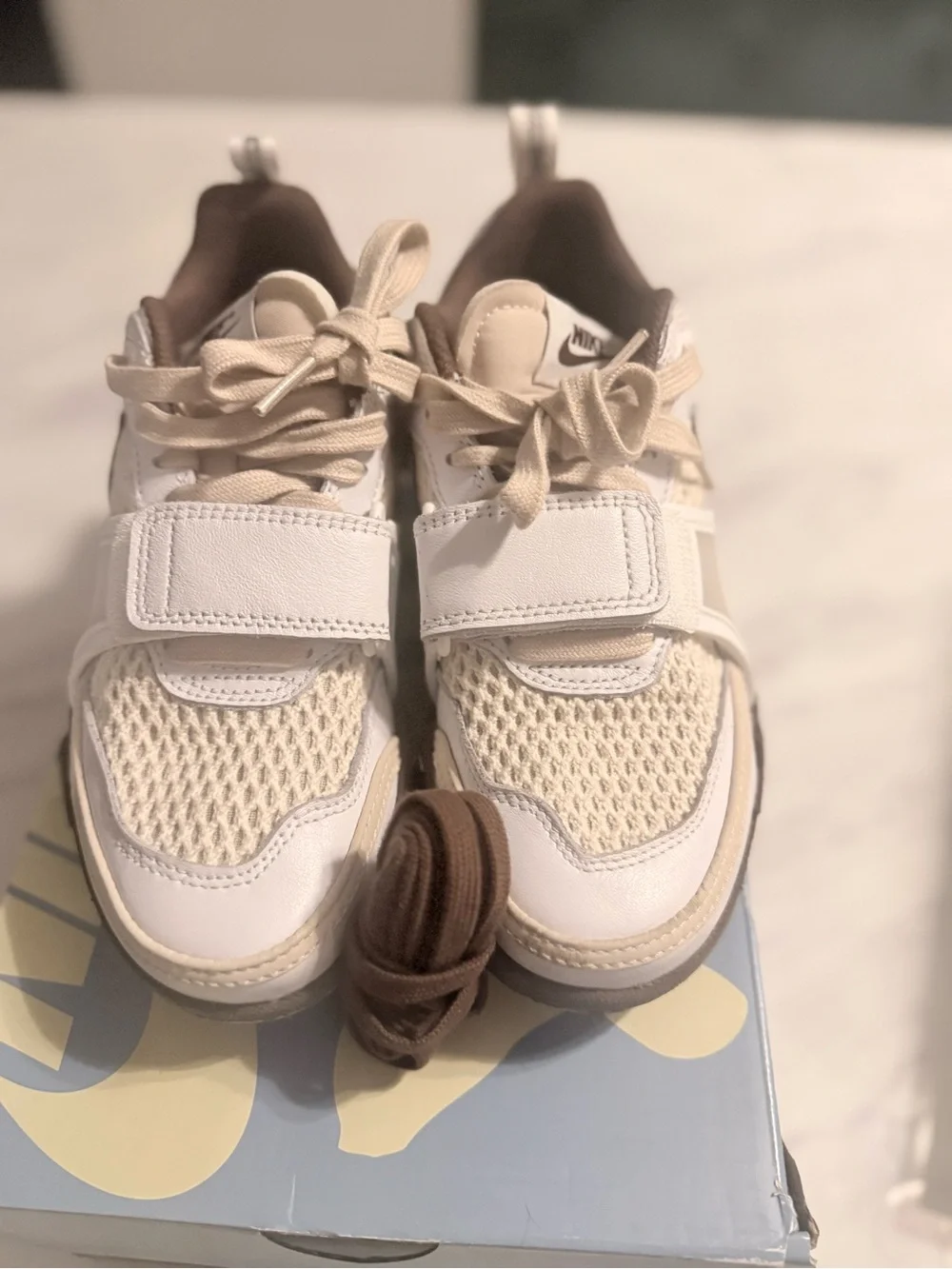 Nike Kids Cream and Brown Mesh Strap Sneakers